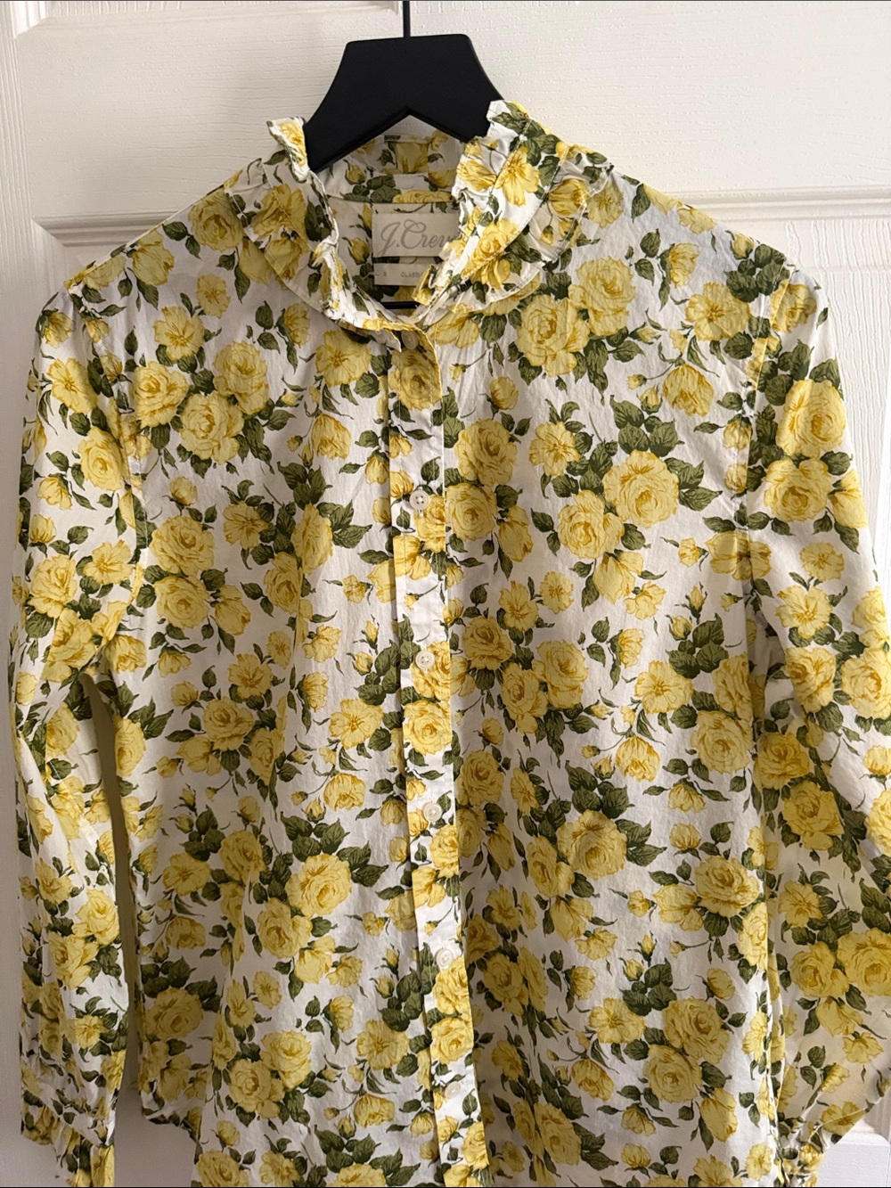 J. Crew Yellow Rose Print Ruffle Collar Cotton Blouse - Picture 3 of 11